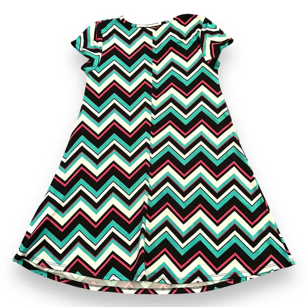 Btween Girls Dress Chevron Print Knee Length Teal Black Pink White Large 10 12